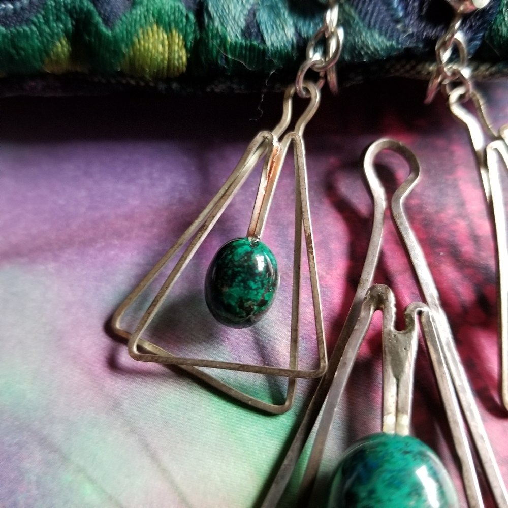 Vintage Chrysoccola set earrings pendant silver tone gemstone green - Picture 5 of 8